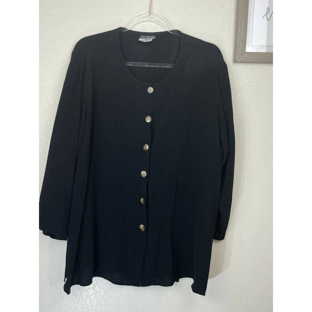 Suzannah James Flutter Sleeve Button Front Long Sleeve Black Linen Blouse Size L